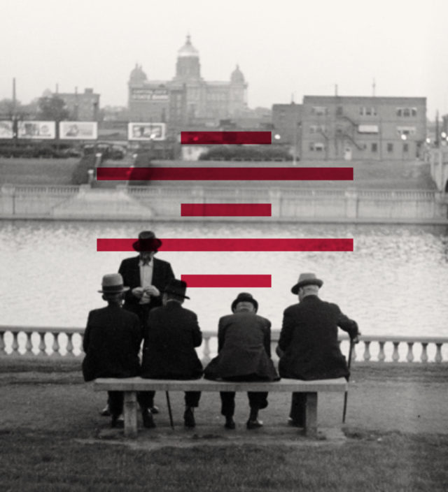 Red lines over a black and white image of men sitting on a bench