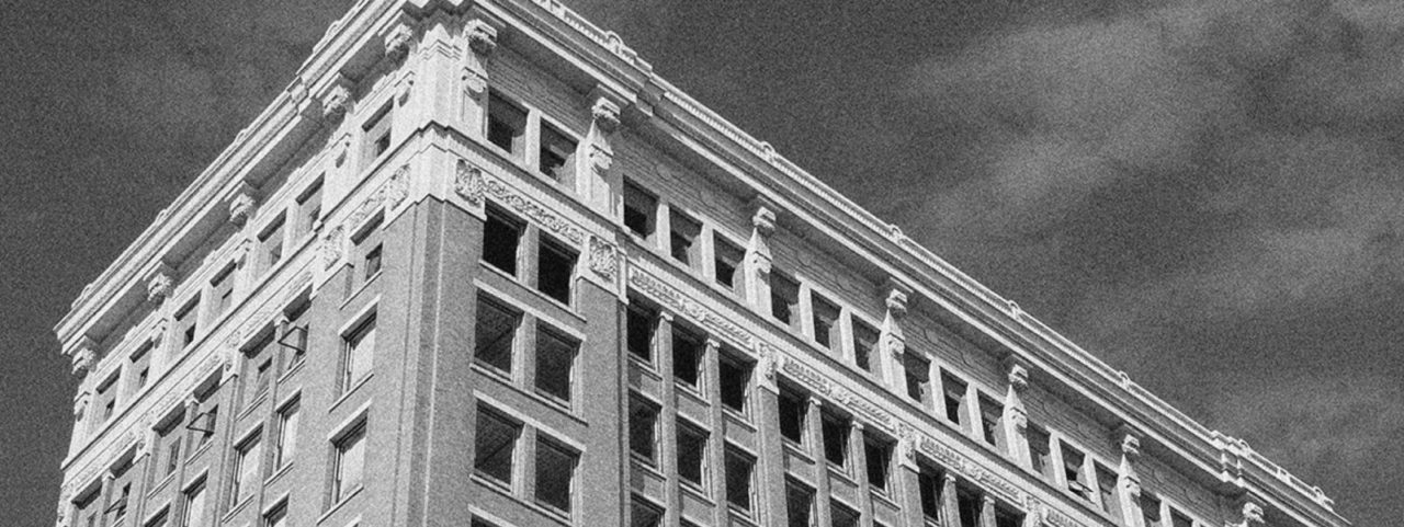 Black and white exterior shot of Surety Hotel in Des Moines, Iowa