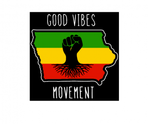 boutique hotel in Des Moines good vibes movement logo in black, white red, yellow & green