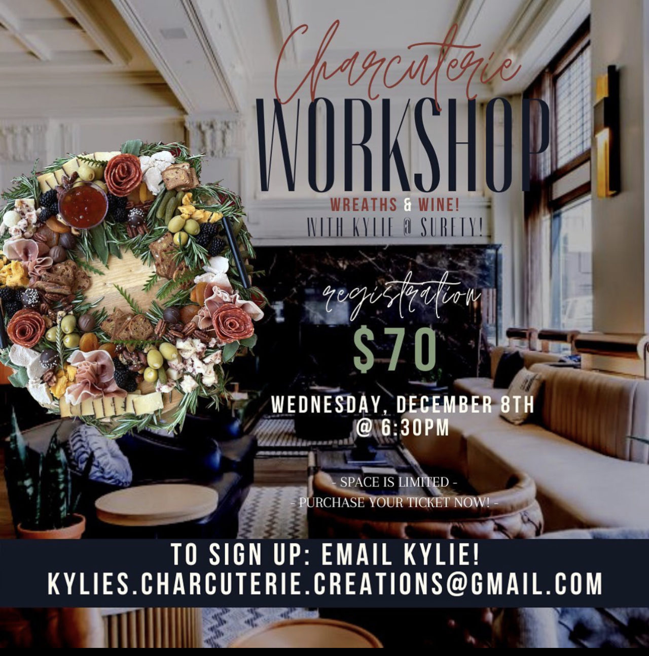 Wreath & Wine Workshop flyer hosted by our Des Moines hotel