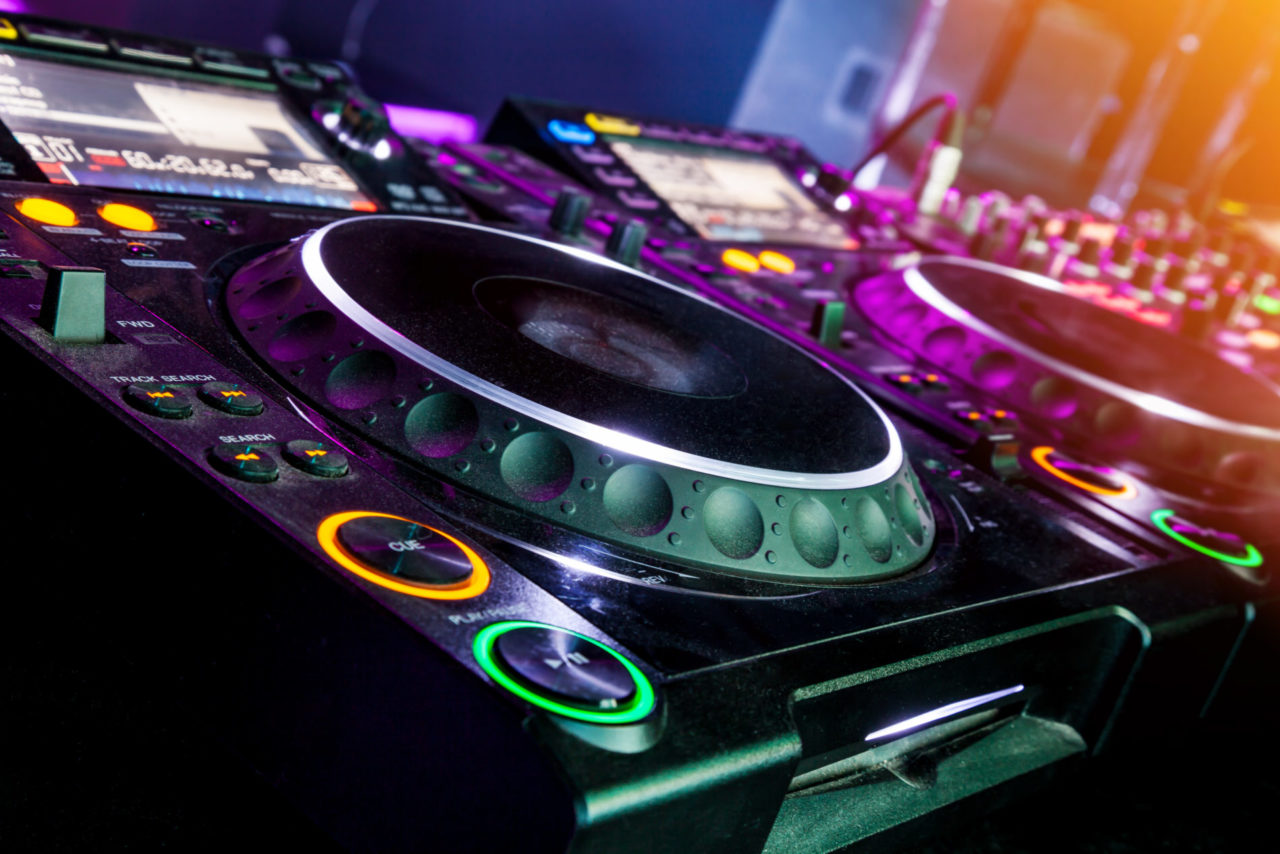Close-up of a colorful DJ booth at our downtown Des Moines hotel in IA
