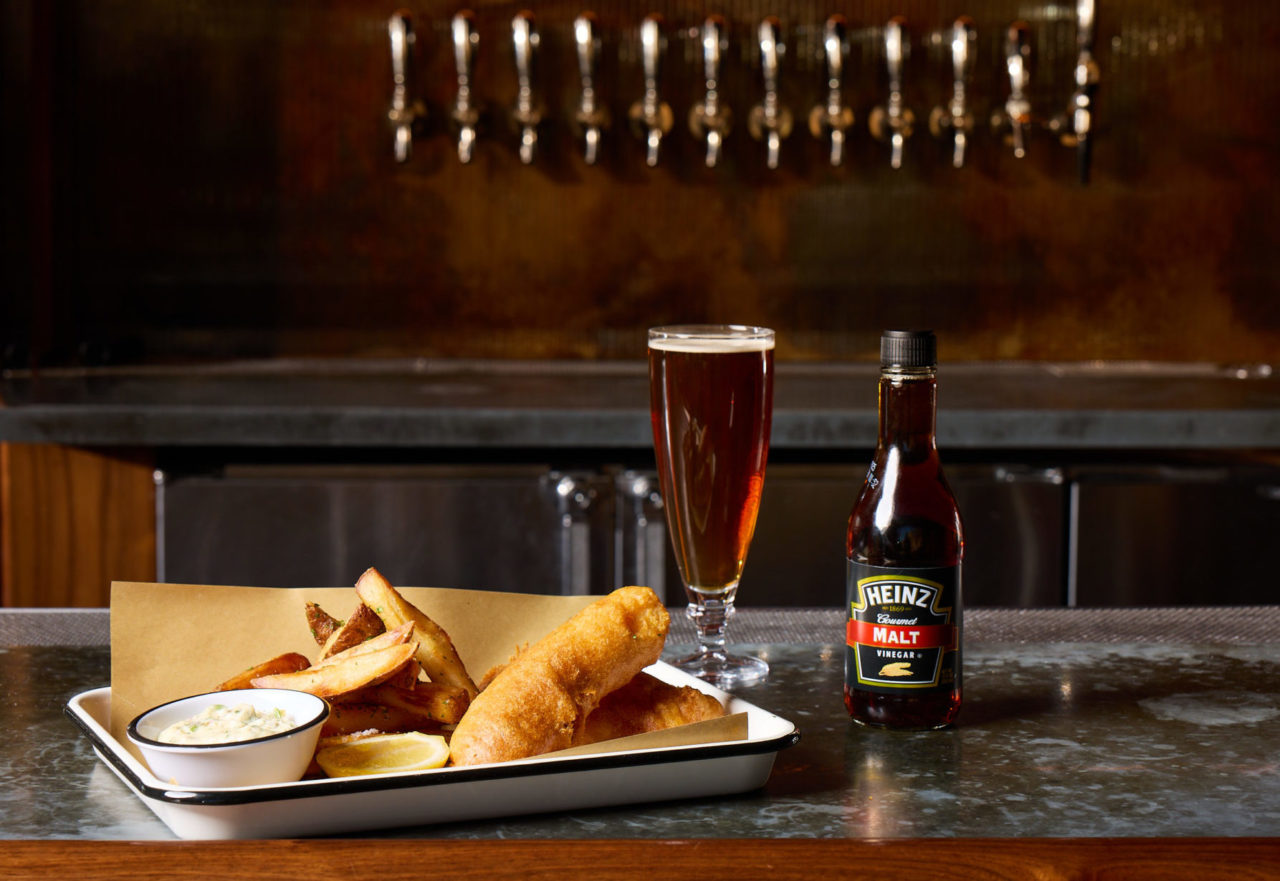 Fish and chips with a beer on the bar of our downtown Des Moines hotel